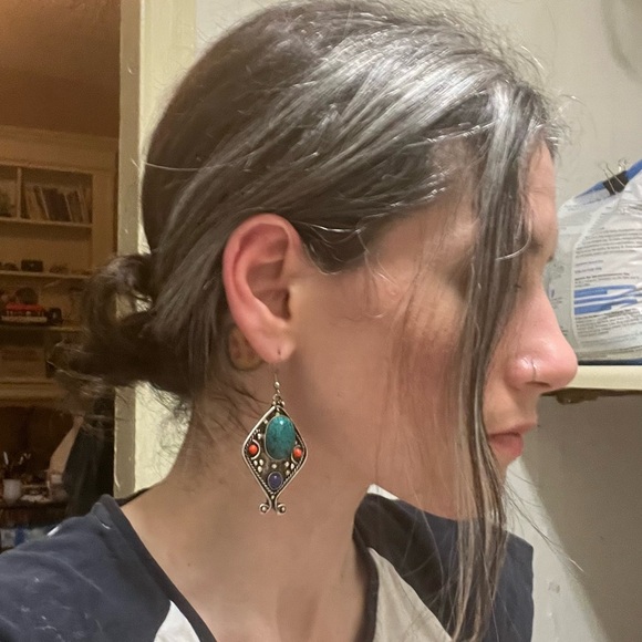 nwot! • boho statement dangling engraved earrings red turquoise blue stones - Picture 9 of 9